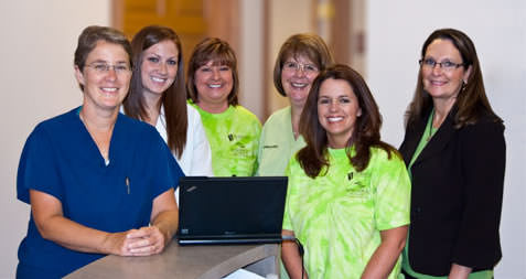 In Kokomo, (from left to right) Michelle Haendiges, M.D.; Jen Hansen, nurse practitioner; and office staff members Laura Simms, Sharon Miller, Kim Burton and Deanna Willis are leading the way toward meaningful use of EHRs in Indiana.